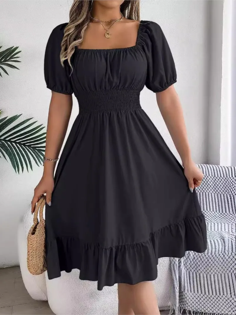 여성 MIidi 드레스 2025 여름 캐주얼 스퀘어 넥 반팔 허리 프릴 에지 드레스 여성 우아한 Платья Женские GZ7N