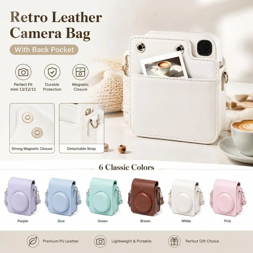 PU Leather Instant Camera Case Rear Pocket Magnetic Closure Retro Camera Case for Fujifilm Instax Mini 13/12/11