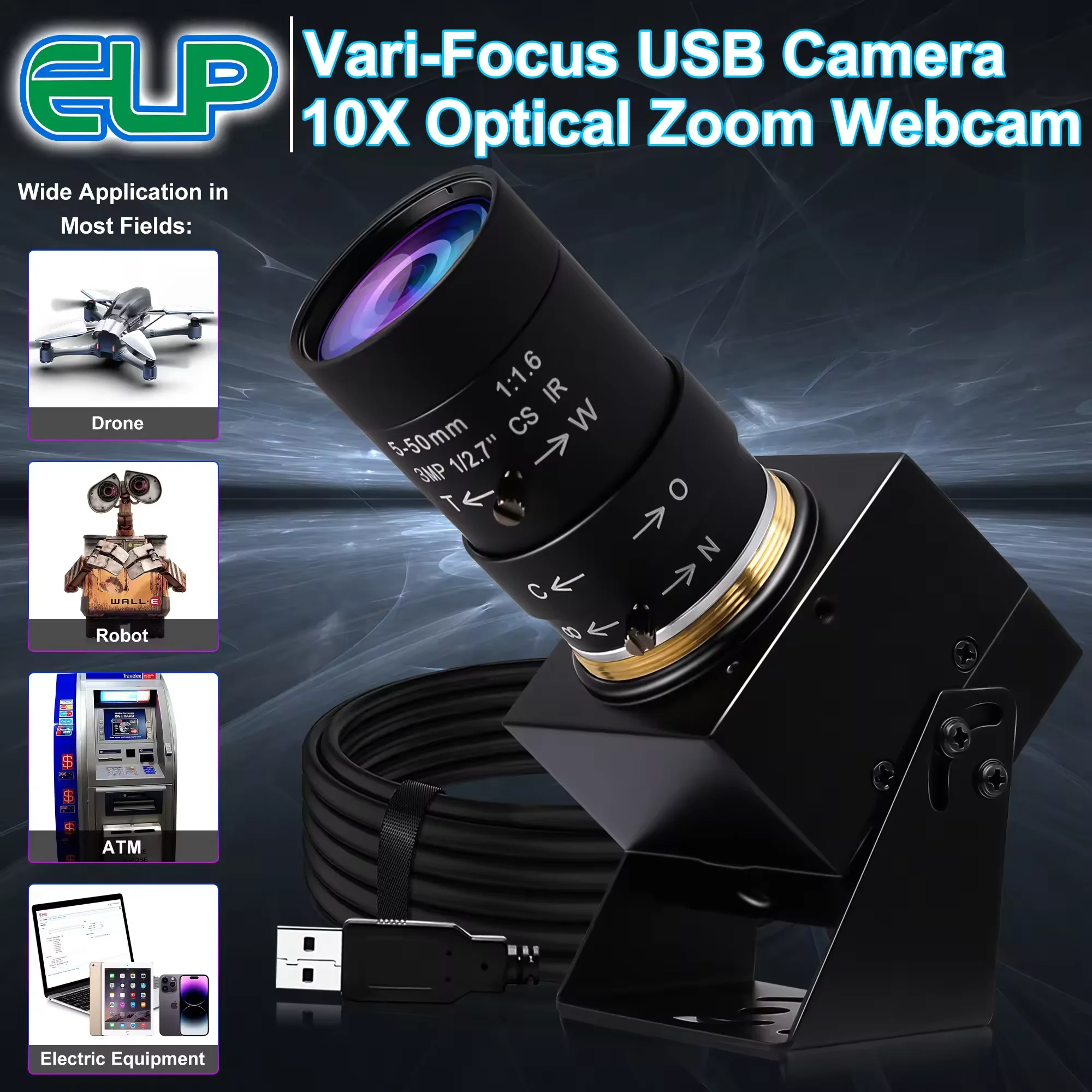 ELP 5MP 30fps Manual Zoom UVC Webcam 2592x1944 High-Performance USB2.0 Security Camera for Industrial Vision, PC & Laptops