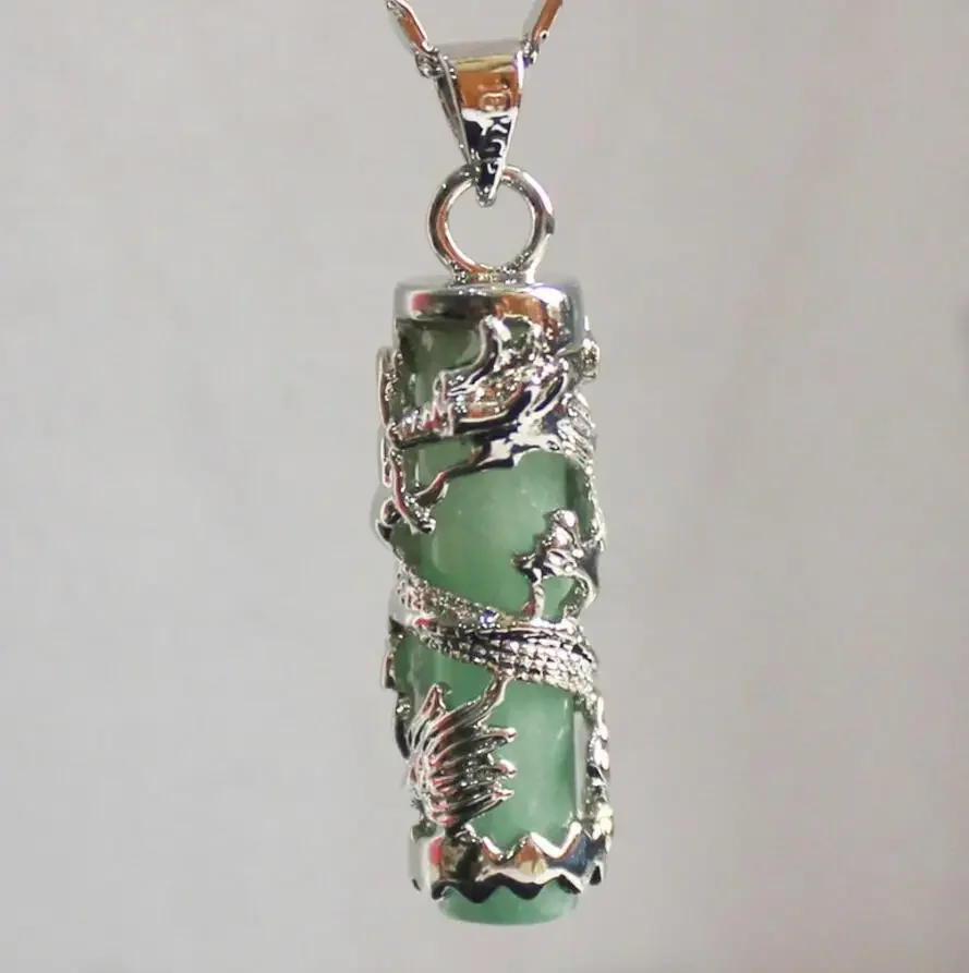 beautiful Chinese Wind Cylinder lignt green natural jade Dragon Pendants Necklace