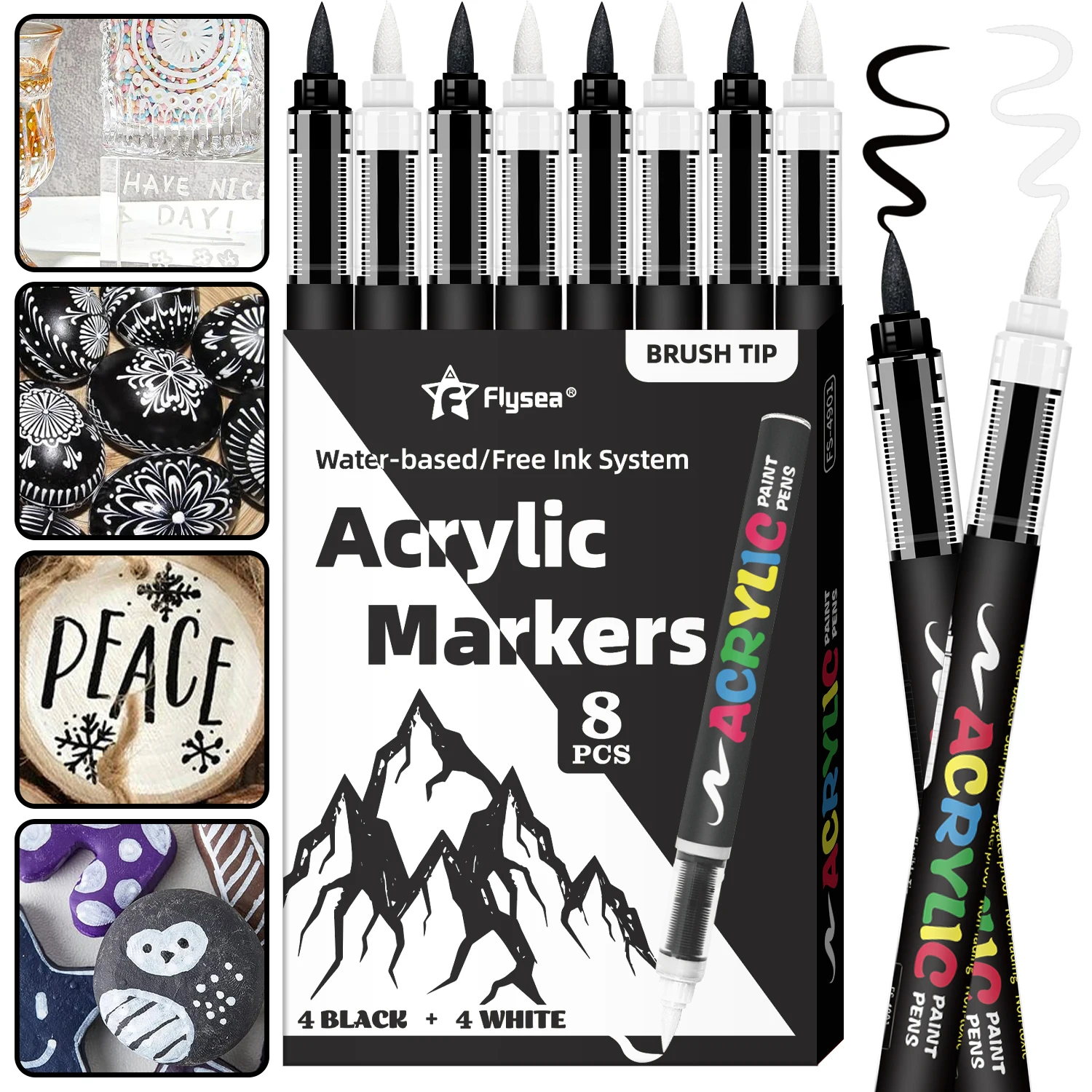 Acrylic Paint Pens, Automatic Ink Control System,Soft Brush Tip Markers,Black and White Paint Marker,for Canvas,Rock,Wood,Stone