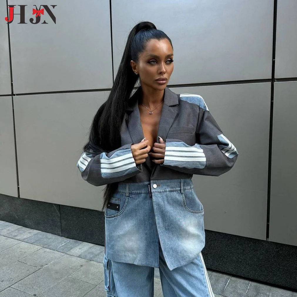 High Street Birlikte Ekleme Kovboy kadın Takım Elbise Ceket Tasarım Moda Kişilik Chao Pai Uzun Kollu Ceket Lüks Marka