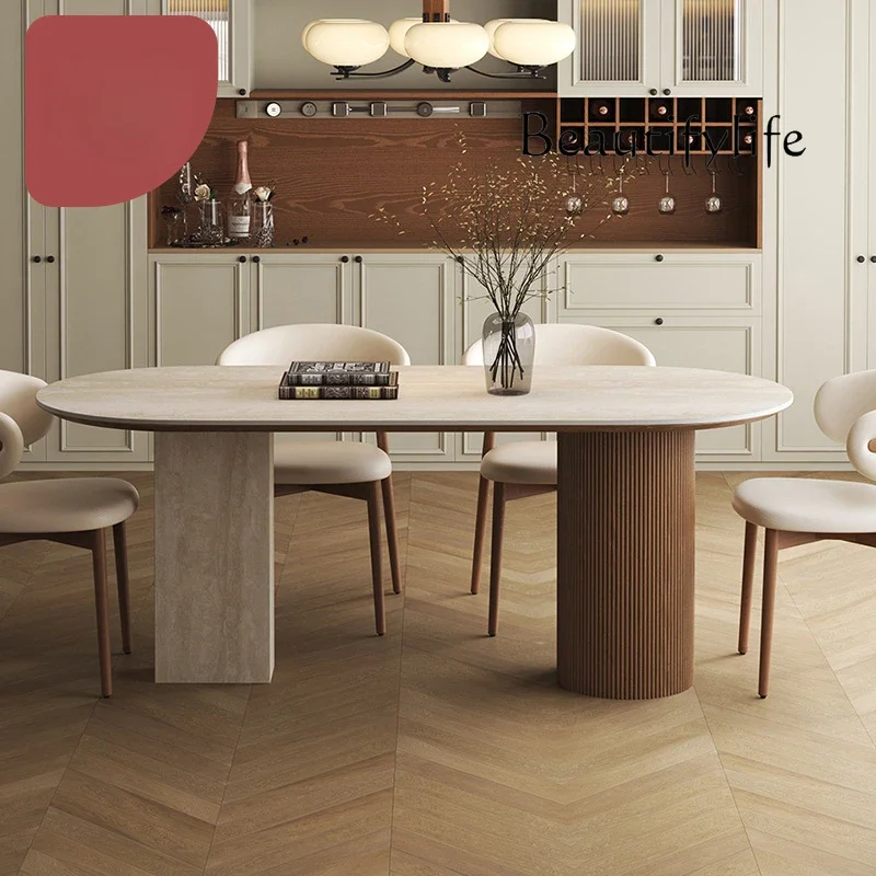 

2025 new French retro solid wood dining table travertine rock slab small apartment creative oval island dining table
