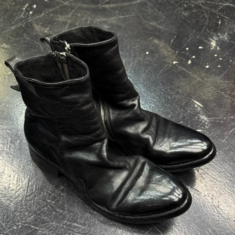 Retro Distressed Pleated Short Boots Black Leather Mid-Top Motorcycle Boots Luxury Designer Trendy Handmade Zipper Men's Boots