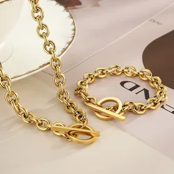 Simple Basic Gold Color Thick Chain Stainless Steel Necklace Bracelets for Women Fashion Design Neck Wrist Jewelry OT Buckle