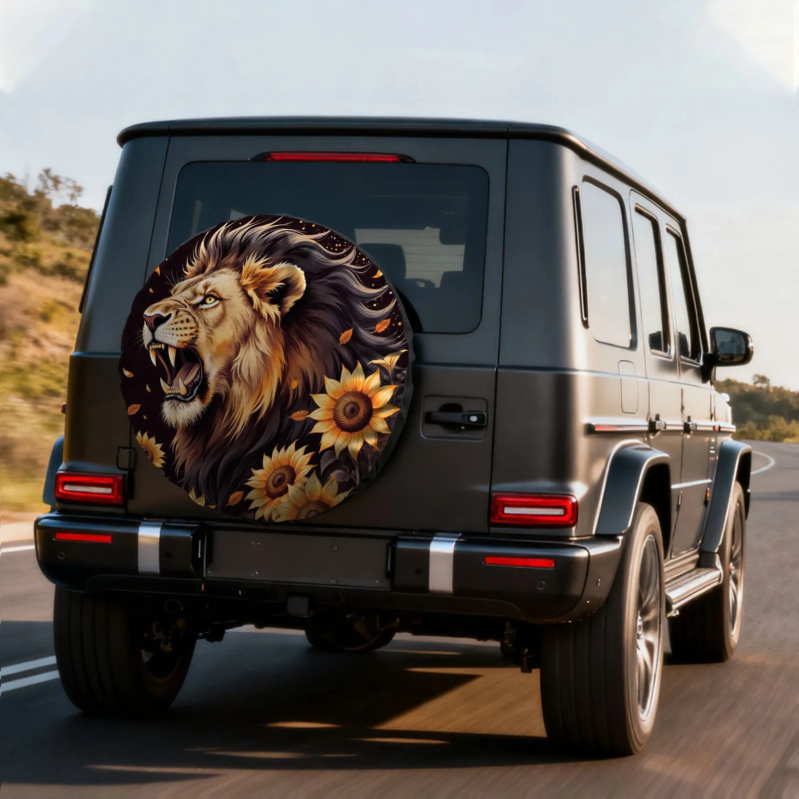 Roaring Lion Sunflower Spare Tire Cover Polyester Waterproof Sun Protection SUV Truck Protector
