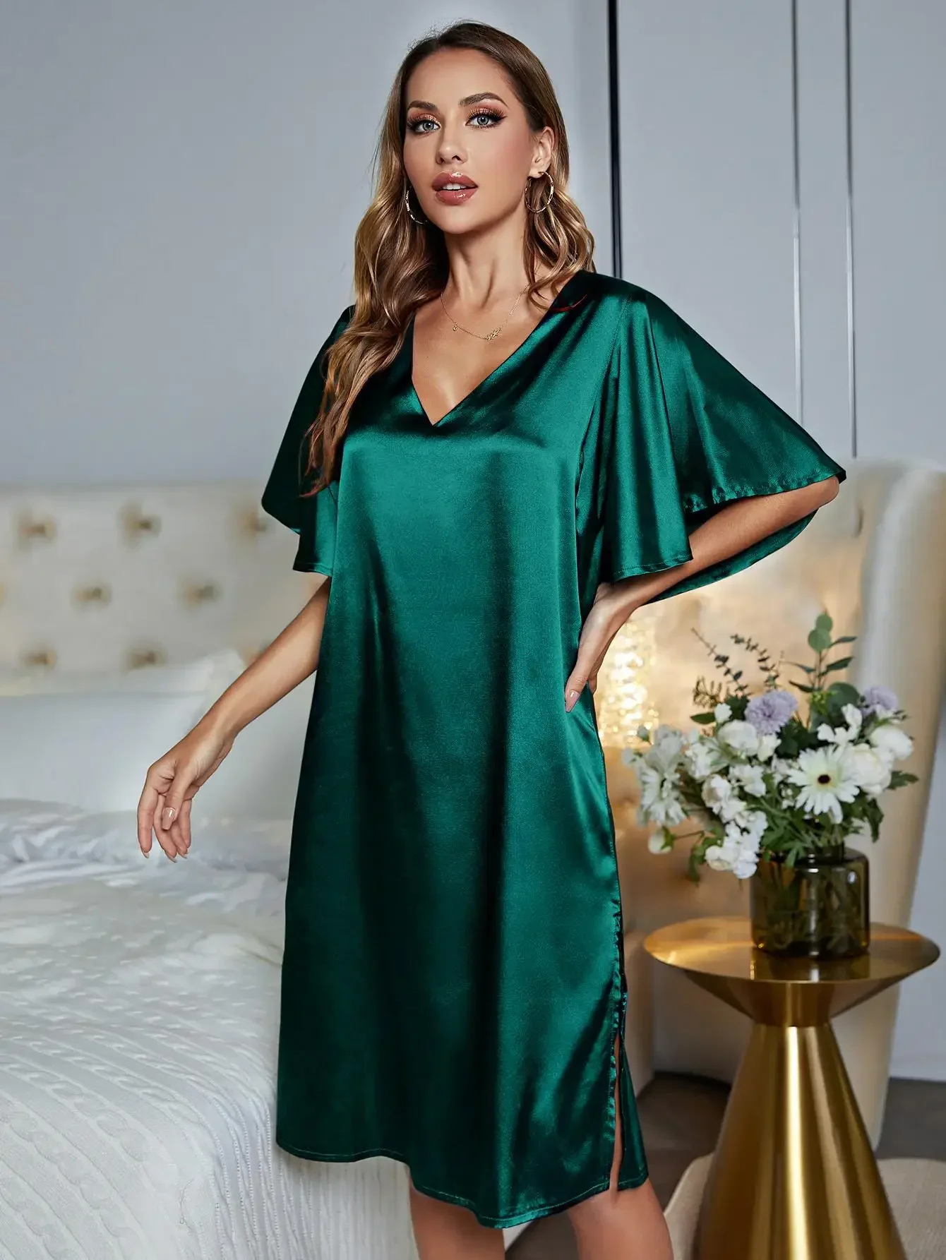 Vestidos de dormir de talla grande con cuello en V para mujer, pijama con volantes, mangas cortas, ropa de casa con abertura lateral, ropa de dormir femenina