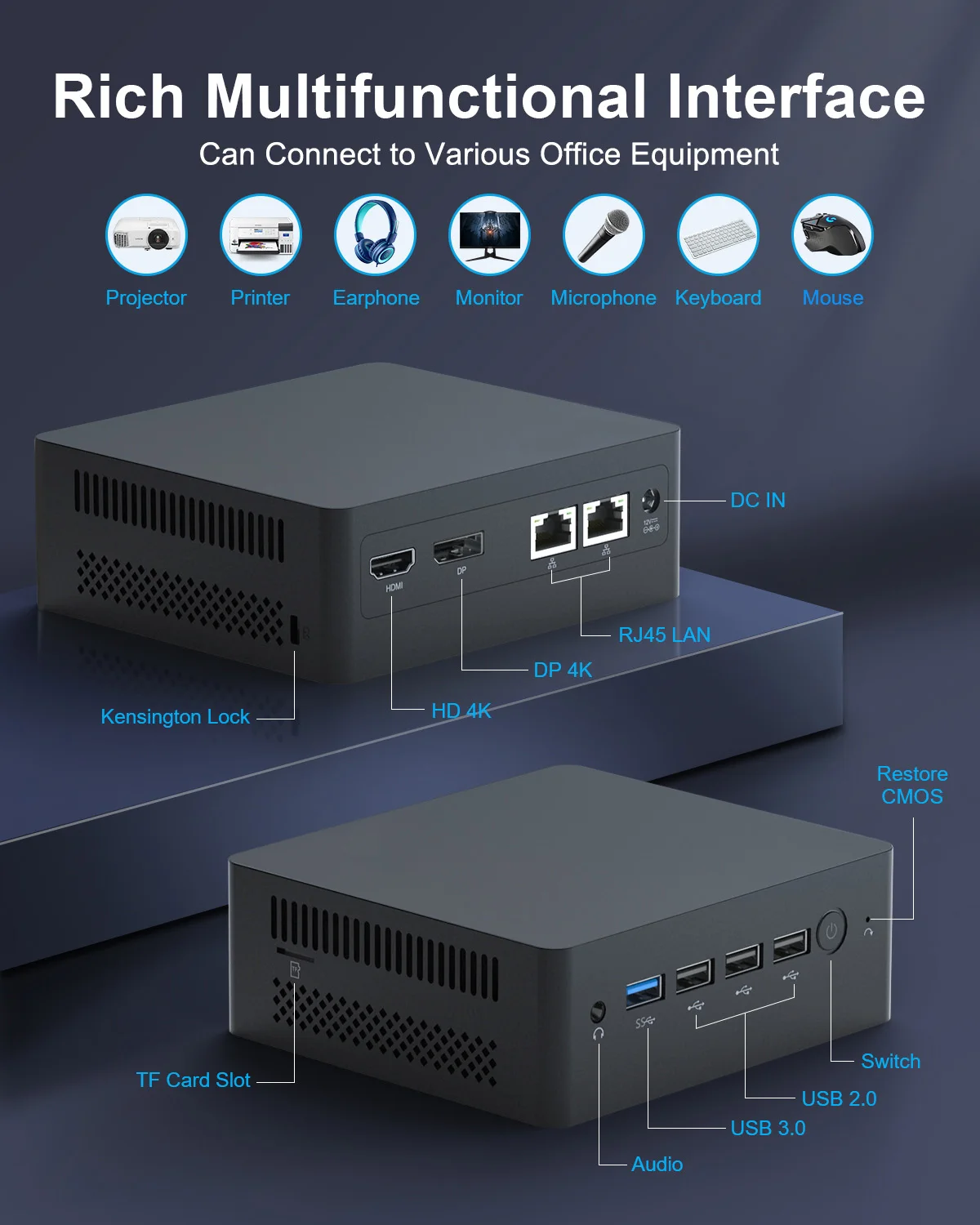 HYSTOU-Mini PC con procesador Intel Core Bureau, PC con software Windows 10, Linux, CPU N100, 4 USB, 2 LAN, DP, HD-MI, DDR5