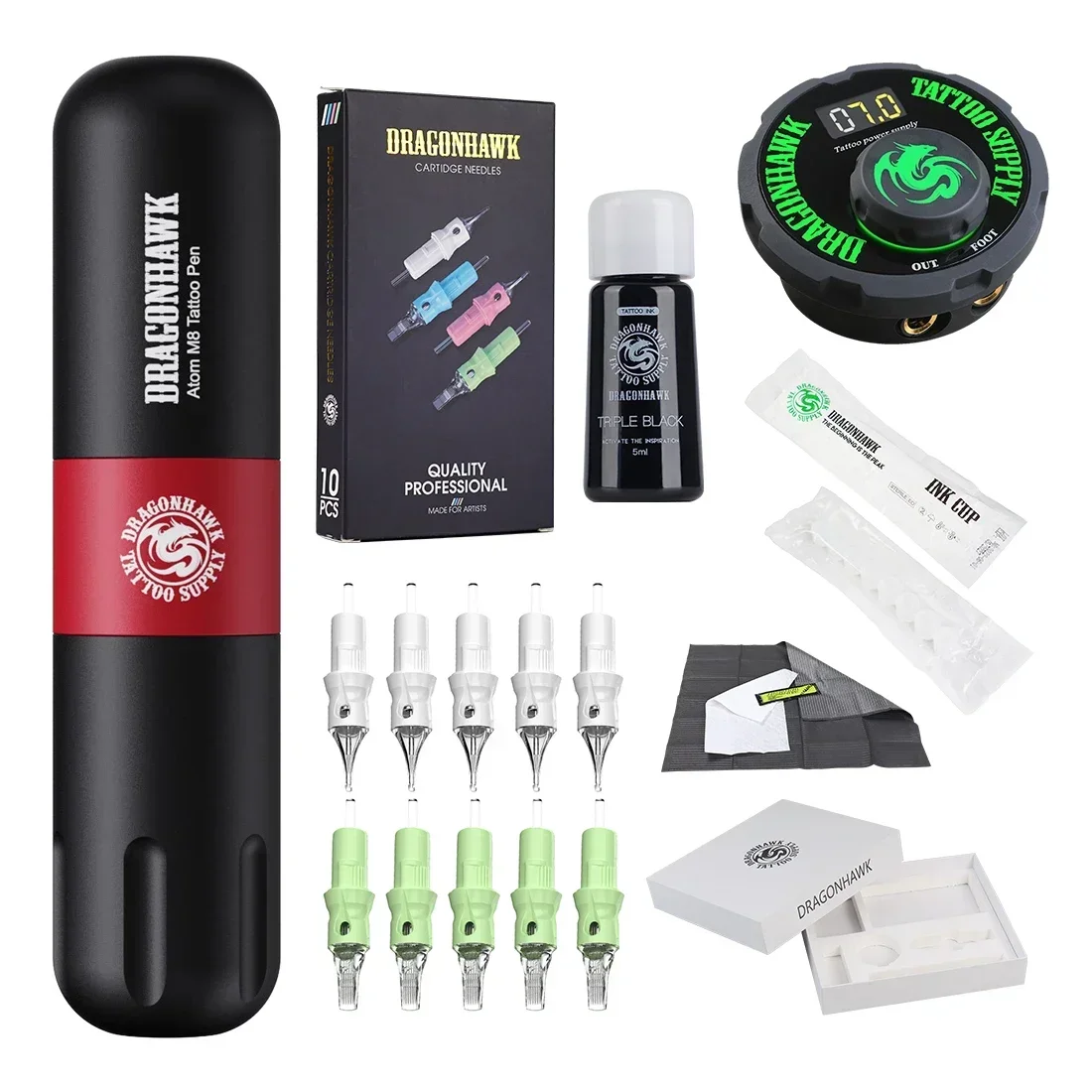 

Dragonhawk Compelte Tattoo Kit Motor Pen Machine Gun Power Supply Cartridge Needles with Carrier Box Tattoo Machine Set