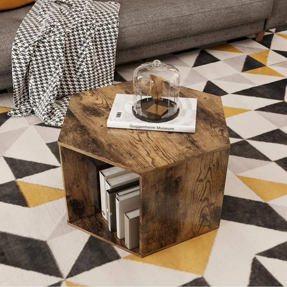 Zeshoekige salontafel bijzettafel nachtkastje antiek hout geometrische vorm opslag 23,62 inch