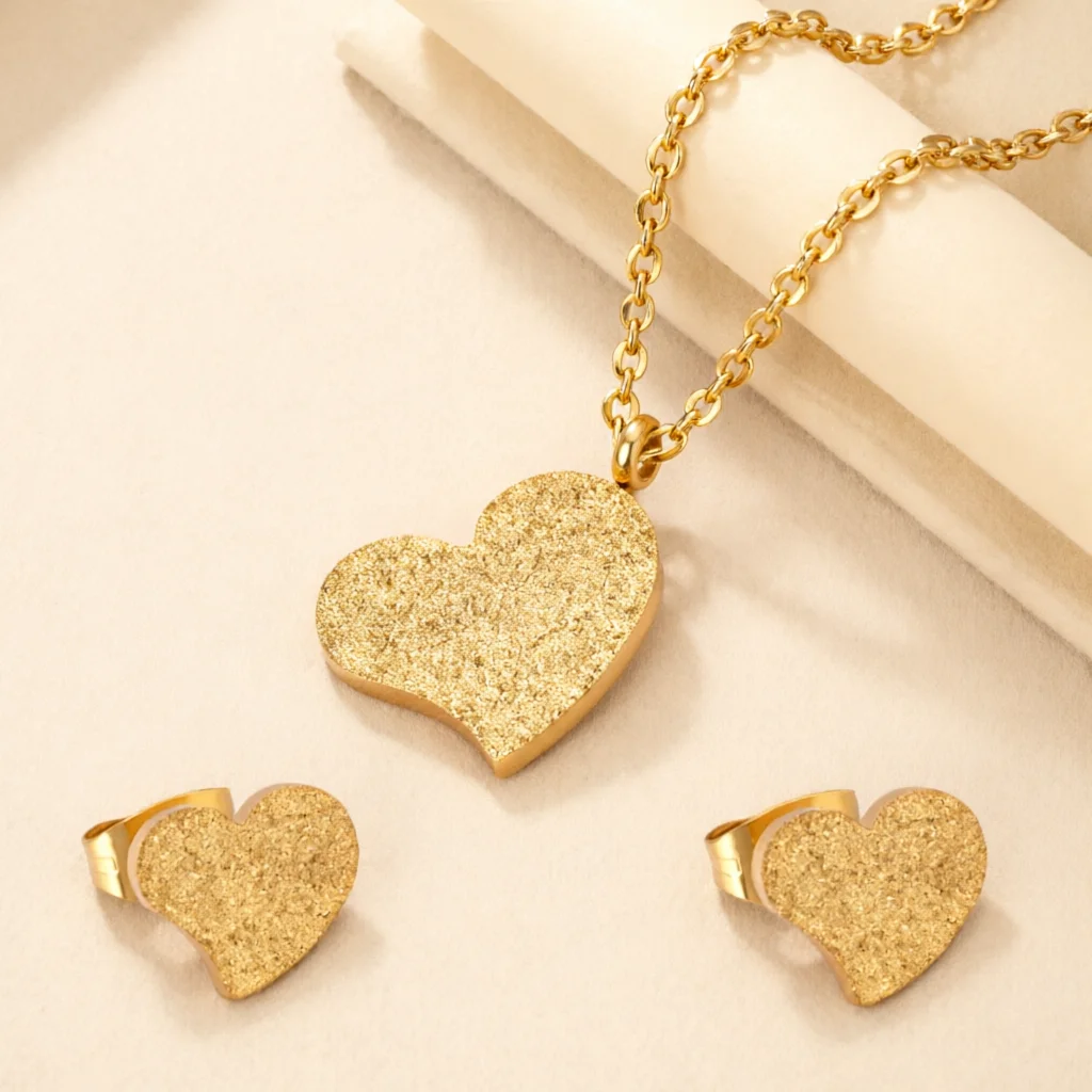 Matte Necklace & Earring Set Stainless Steel Heart Jewelry Sweet Romantic Vintage Versatile Accessories Available in Gold/Silver