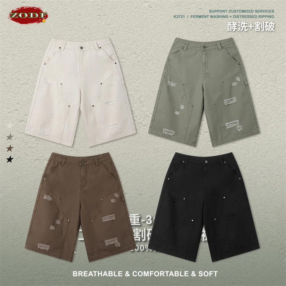 

Мужские летние шорты ZODF в стиле ретро, 310 г/м², из выстиранного хлопка, унисекс, в стиле хип-хоп, карго, рваные, уличная одежда HY1268