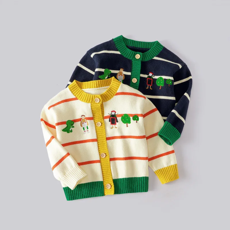 2024 Boys Striped Knitted Sweater Autumn Children Korean Knitting Cardigan Cartoon Embroidered Round Neck Sweaters Thin Coat