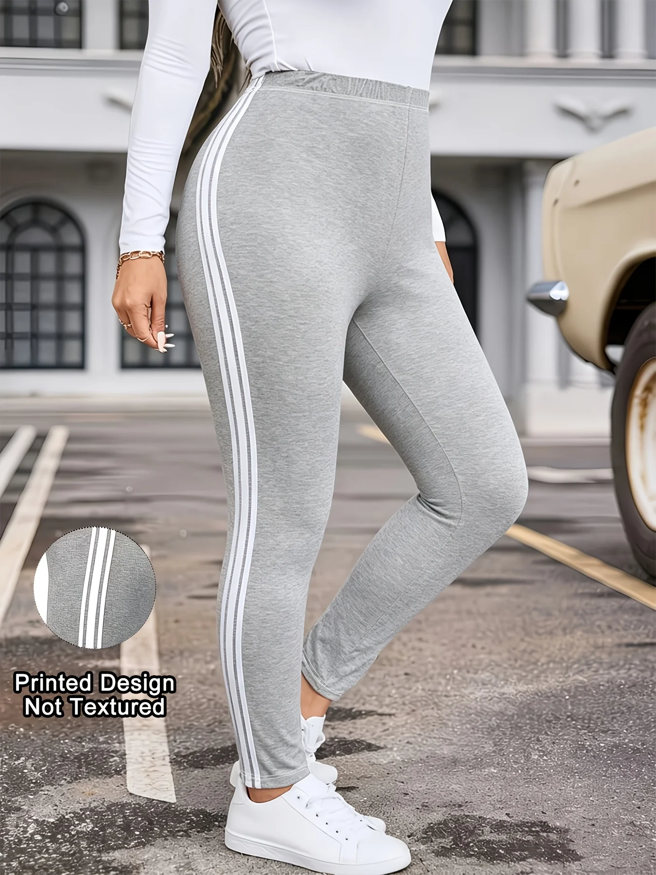 Bedruckte Leggings für Damen, kein Denim-Stoff, Hosen mit aufgesetzter Tasche und Knopfdruck-Design, hochelastisch, modisch, schmal geschnitten, lässig. – Detail 2
