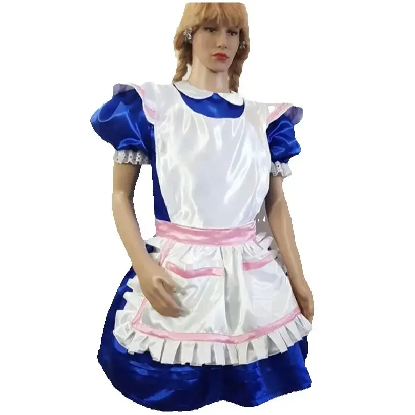 

New Satin Lockable Sissy Dress Blue Skirt White Independent Apron Fluffy Bubble Sleeve Maid Dress Customization