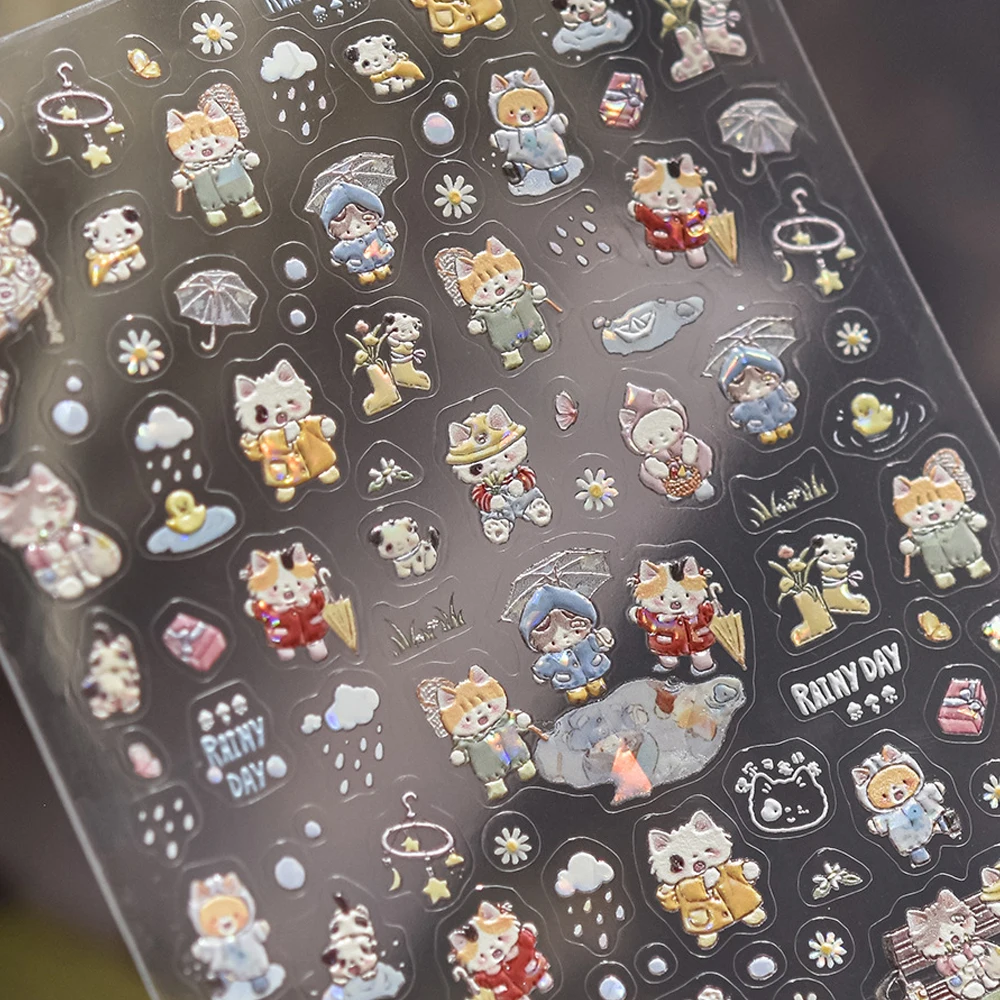 

Chubby Cat Rainy Day Nail Stickers Tiny Boots Rain Droplet Umbrellas Dancing Ducklings Wet Weather Flower Petals Manicure Decal