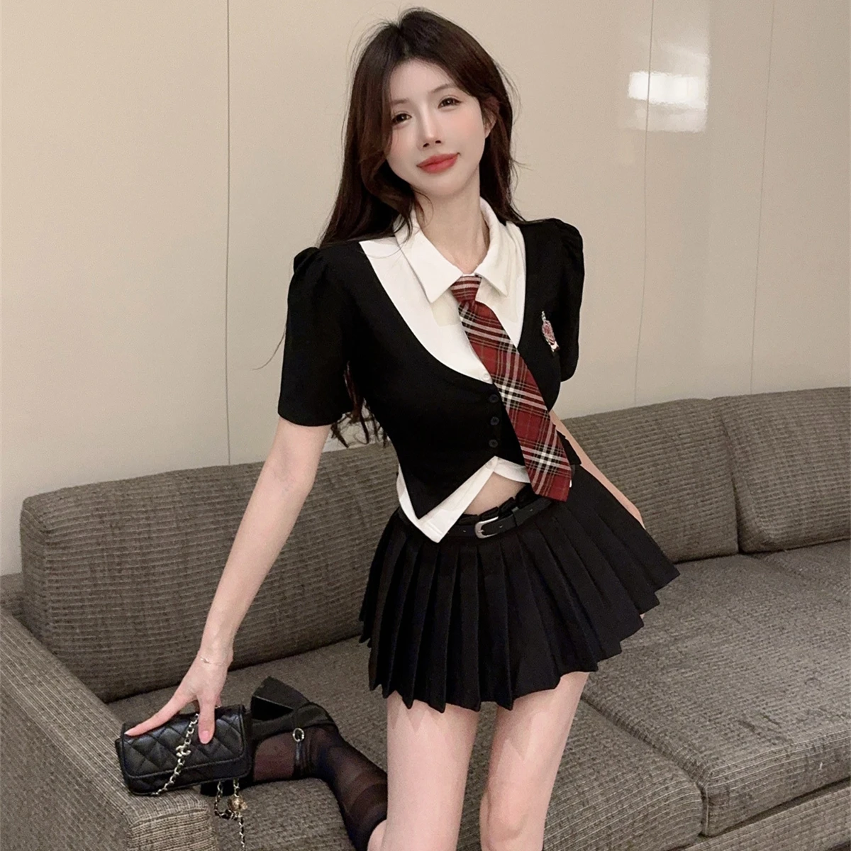 

Summer Sexy Spicy Girl Work Jk orm Women's Fake Two-Piece ort Sve Top Pleated Skirt Two-Piece Set Bar Ktv Outfit