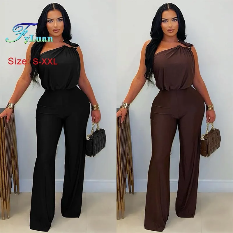 

New Fashion Women Jumpsuits Casual Slanted Shoulder Sleeveless Bodycon Pants Suit Solid Color Slimming Wide Legs Pants Jump Suit