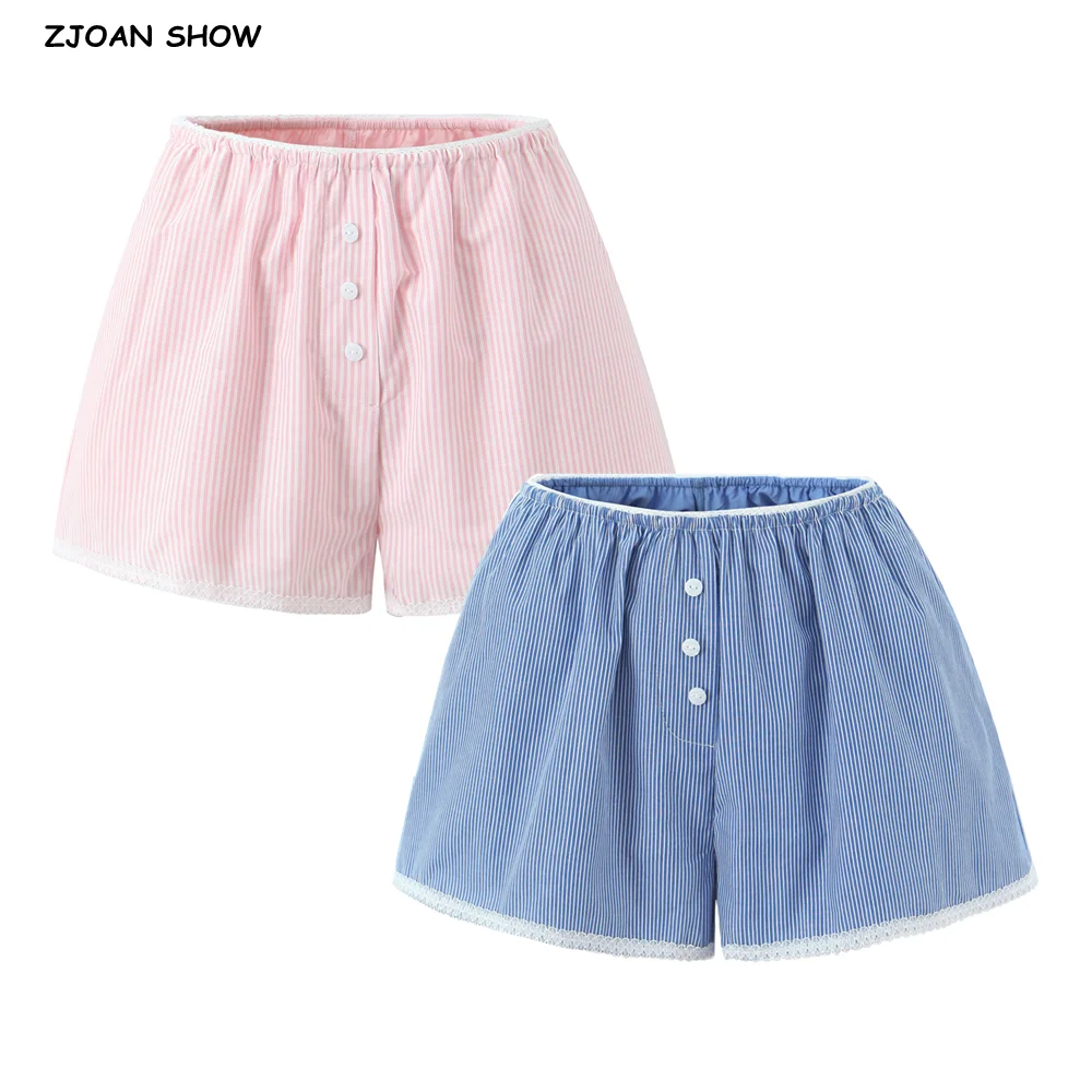 Chic Blue White Stripes Spliced Lace Straight Shorts Women Elastic Waist Short Pants Loose Wide Leg Shorts Pink