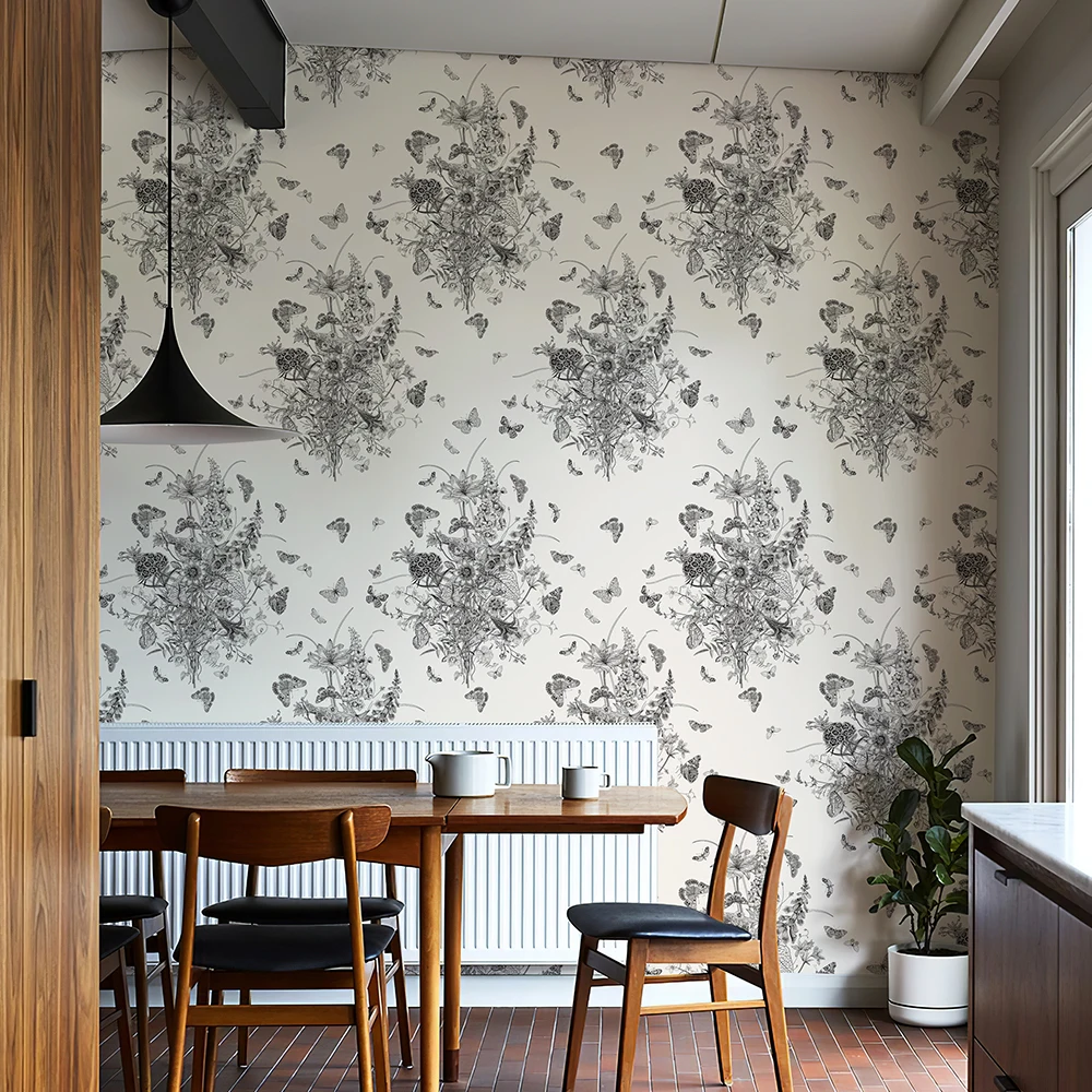 

White And Black Sketch Butterfly PVC Wallpaper Retro Peel And Stick Floral Wallpaper Elegant Furniture Cabinet Vinyl Sticker