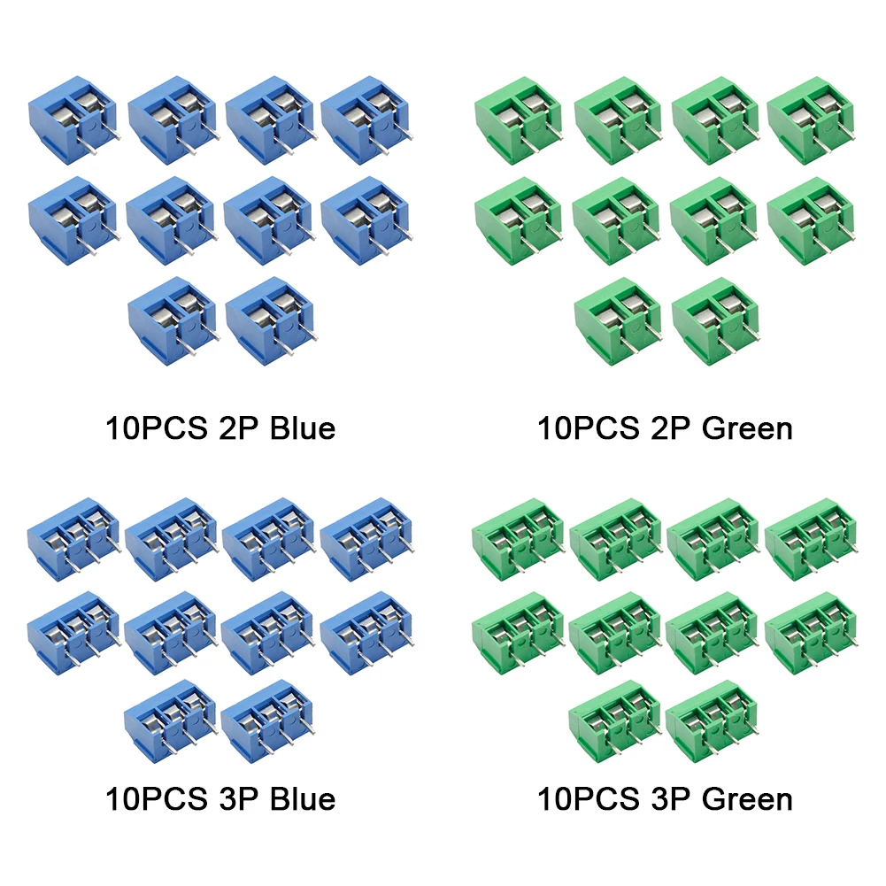 10Pcs PCB Mount Screw Terminal Block Connector Pitch 5.0mm KF301 Straight Pin 2P 3P Blue Green for Home Electronics Projects