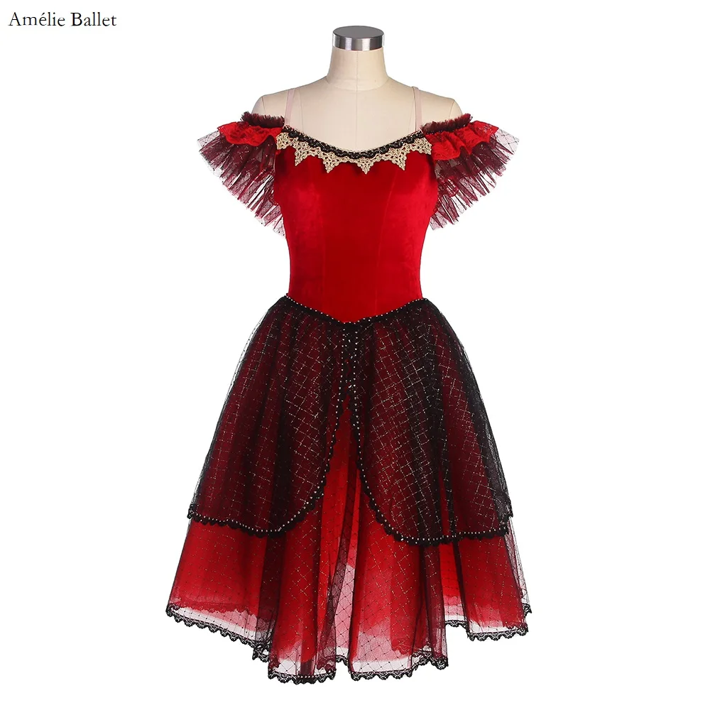 

23086 Off Shoulder Red Spanish Dress For Adult Girls Romantic Long Ballet Tutus Performance Tutu Costumes Ballerina Dresses