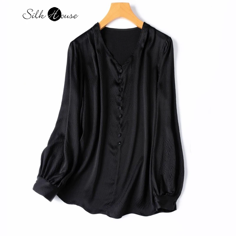 

19MM Light Luxury French 93% Natural Mulberry Silk Elastic Pearl Satin Women's Black Simple V-neck Long Sleeved T-shirt
