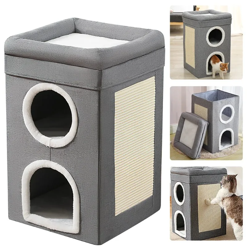 Cat Bed Cat House Cave & Tower Cat Climbing Frame with Perch Scratching Board Integrated for Multi-cat Families