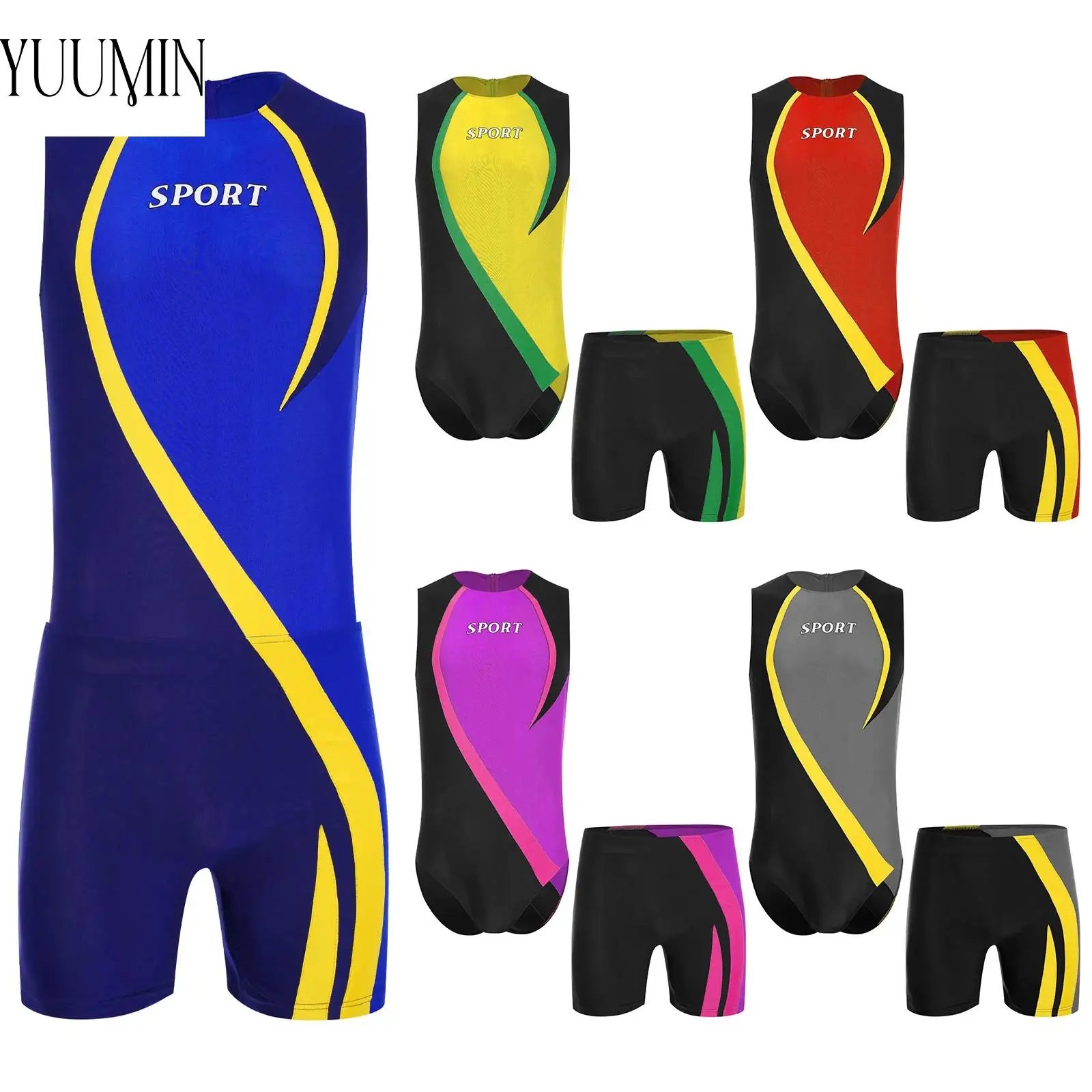 

Mens Color Block Sports Outfit Fashion Sleeveless Zipper Athletic Bodysuit with Stretchy Shorts for Gym Workout Running Swimming