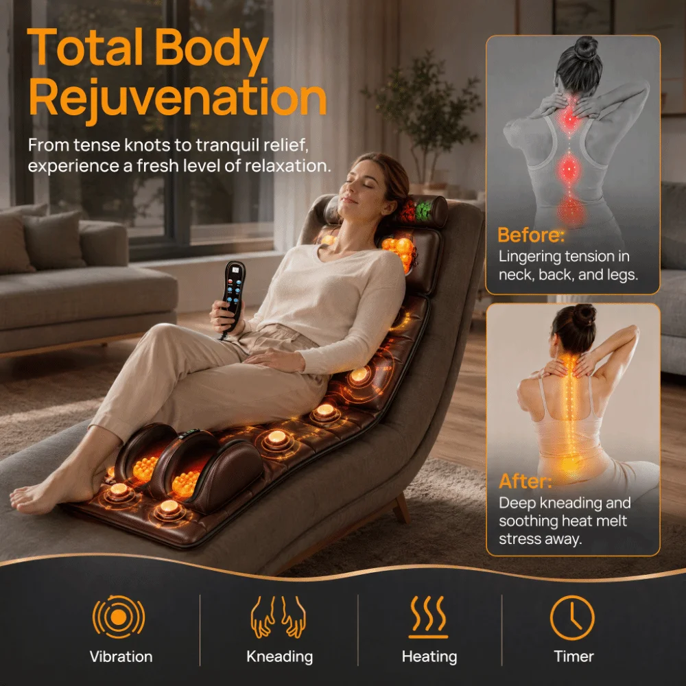 Kneading Massage Full Body Massage Mat Vibration Massage Hot Compress Massage Mattress Timed Auto‑off 3‑level Timer