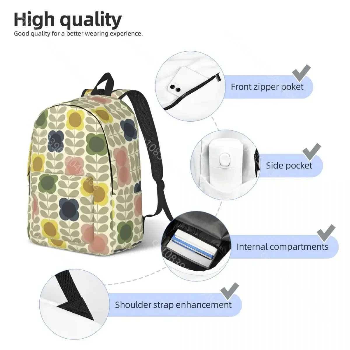 Orla Kiely Backpack Flower Print Unisex Polyester Daily Backpacks Pattern Kawaii School Bags Rucksack Christmas