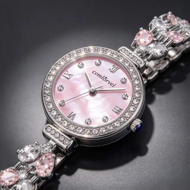 Elegant Marquise Zircon Women Watch, MOP Shell Dial Quartz Watch, Shiny Crystal Bracelet Watch for Party & Daily