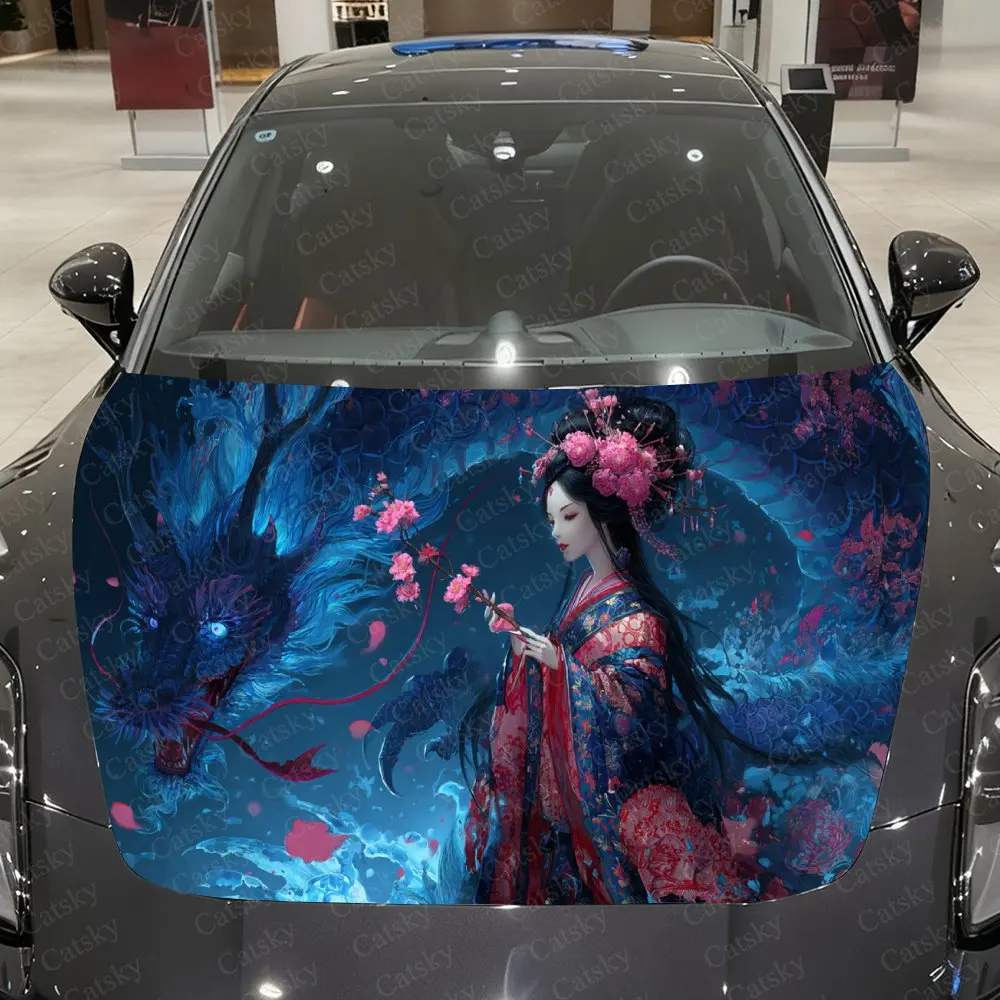 

Mystic Realm Ornate Robe Lady & Dark Dragon Car Vinyl Wrap, PVC Material Waterproof Car Hood Sticker, Self-Adhesive Scratch-Resi
