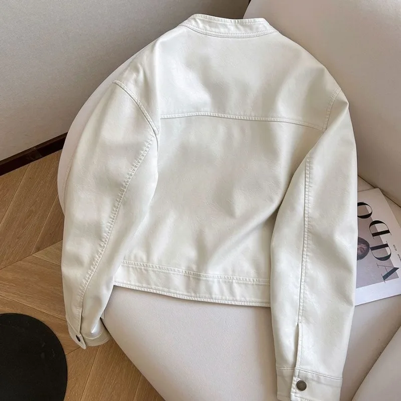 Casual PU Short Leather Jacket Spring Fashion Neckline with Button Zippers Jacket Pockets Spliced Tops White Black Women Coat
