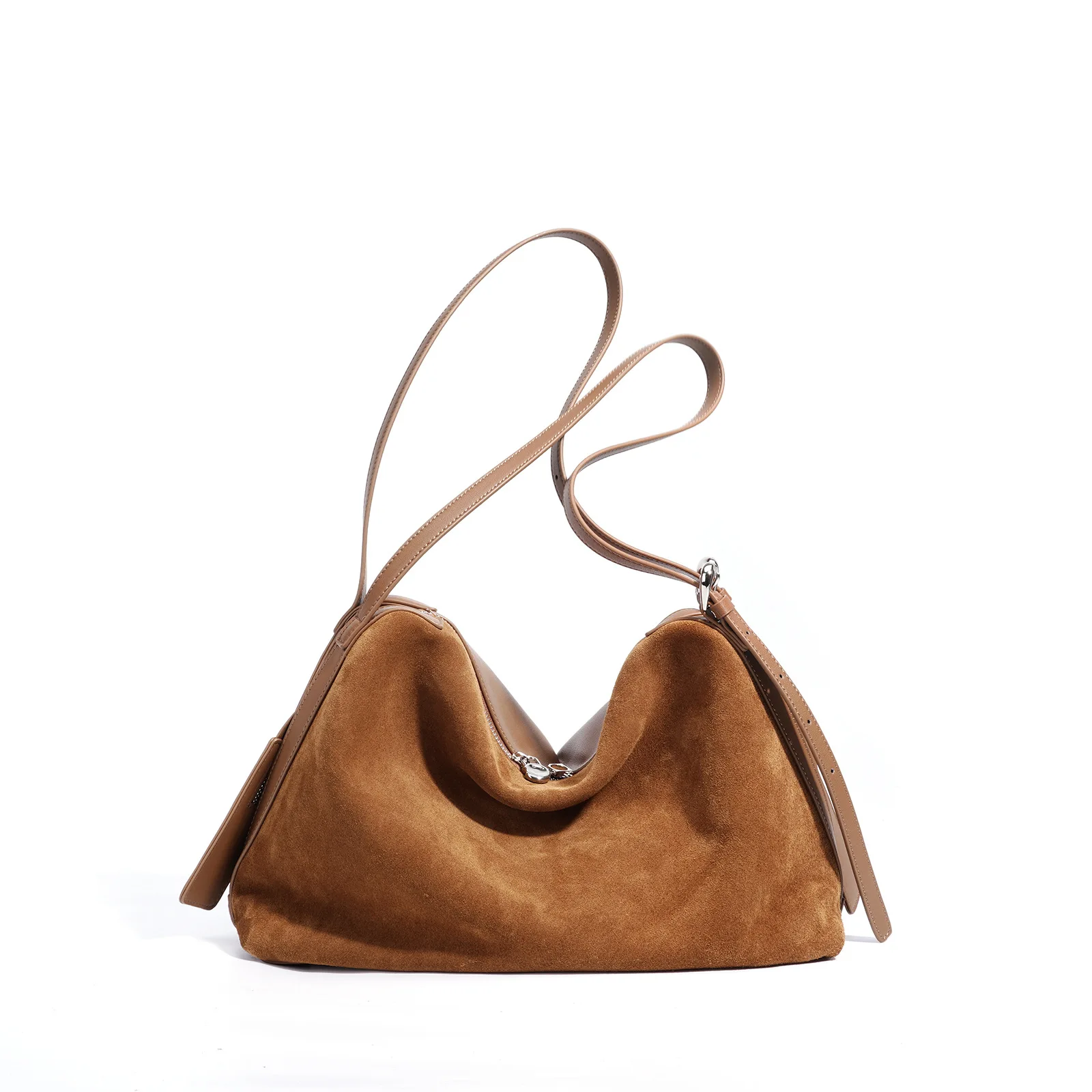 

Suede splicing split leather women's tote bag new niche design vintage large capacity commuting fashionable armpit shoulder bag