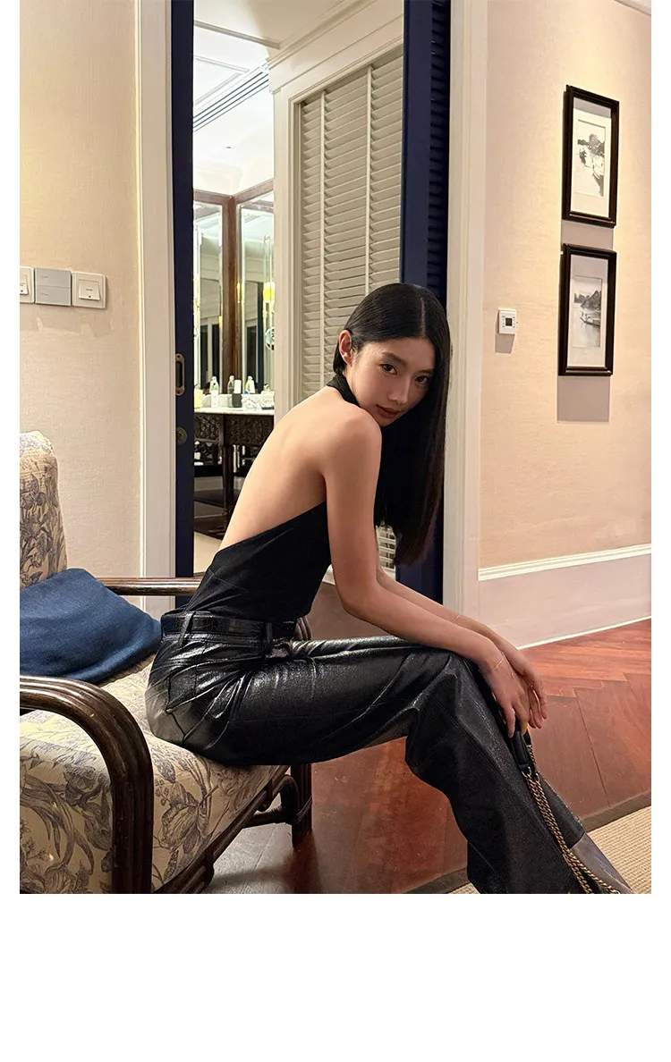 Lautaro Spring Autumn Shiny Lizard Print Pu Leather Straight Pants Women High Waist 2026 Chic Luxury Brands Alternative Pants