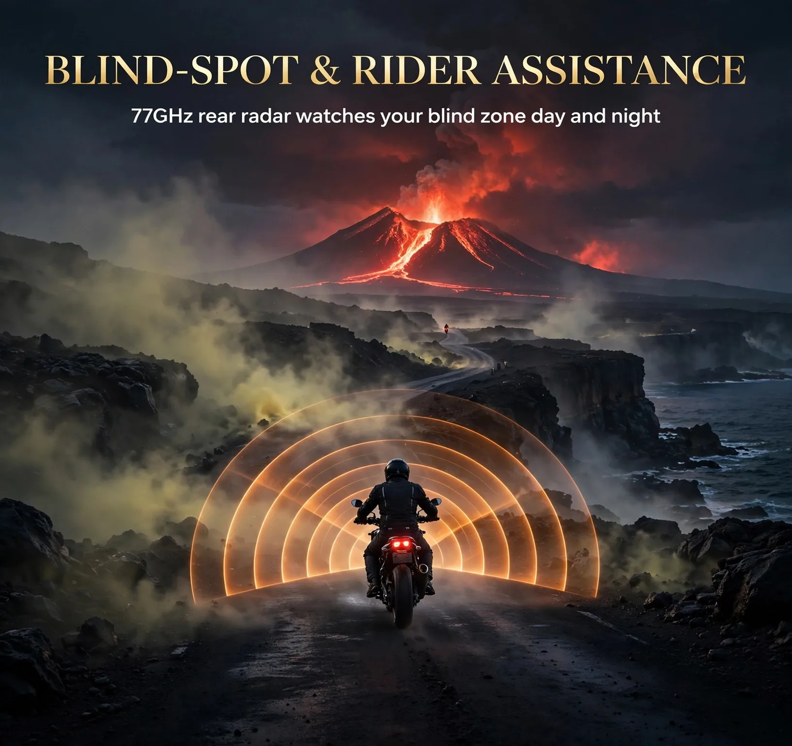77GHz Motorcycle Blind Spot Radar – Volcano Bay Series, Dual Amber LED Mirror Indicators, BSD 8.4m / LCA 50m, IP67, 9–24V DC