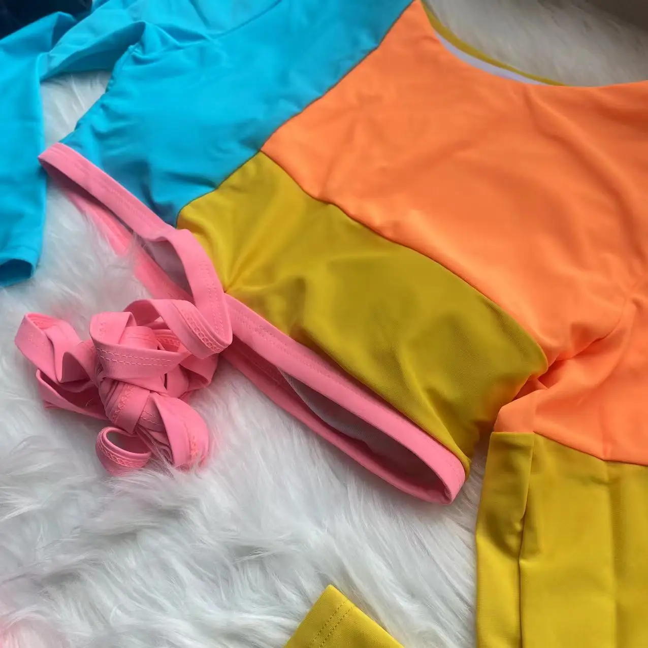 2023 Colorblock Swimsuit Long Sleeve Female Patchwork Swimwear Sexy Monokini Swimming Suits Strap Cross Beachwear Bathing Suits