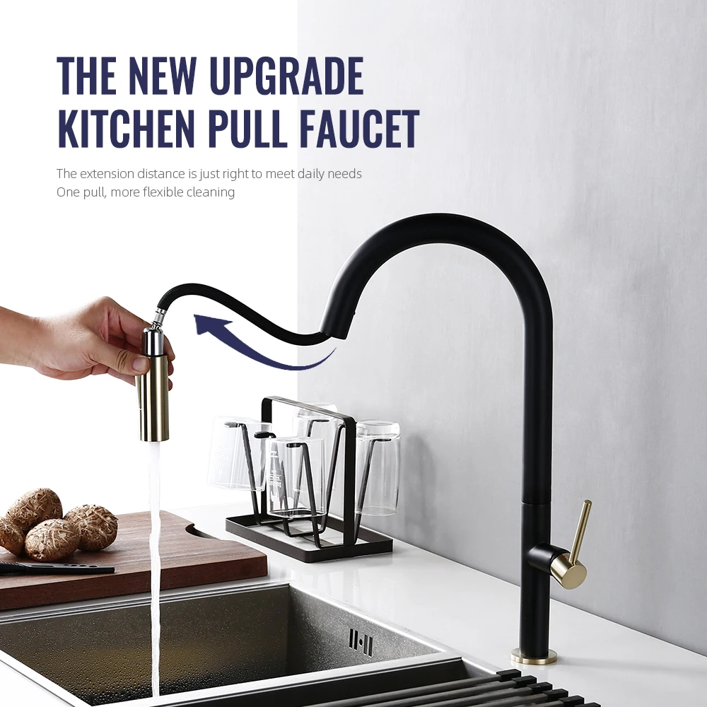 Kitchen Faucet Brushed Gold Rotate Sink Mixer Pull Out Sprayer Deck Mounted Single Handle Hot And Cold Water Tap