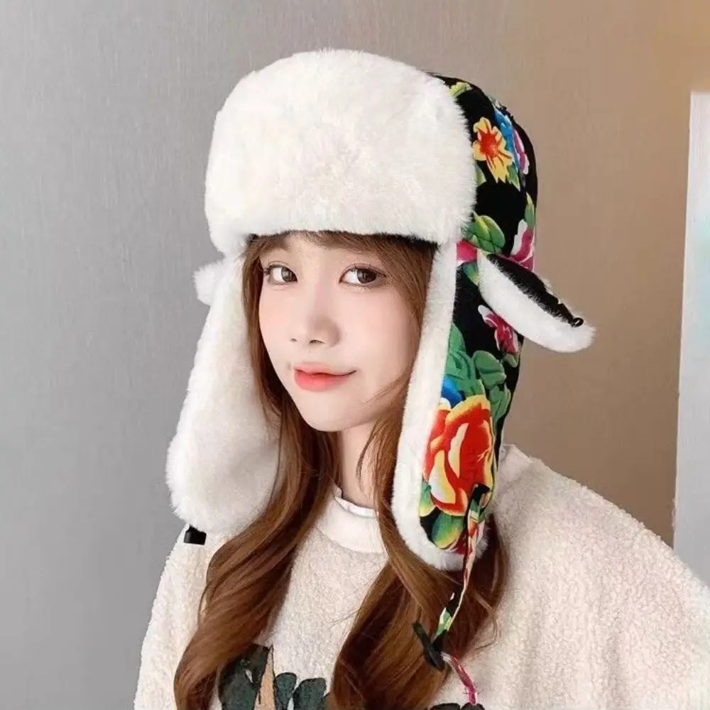 أزياء الشتاء الدافئة سدادات حماية الأذن قبعة الرجعية العرقية نمط زهرة القماش ليو فنغ قبعة سميكة هود كاب للنساء #3