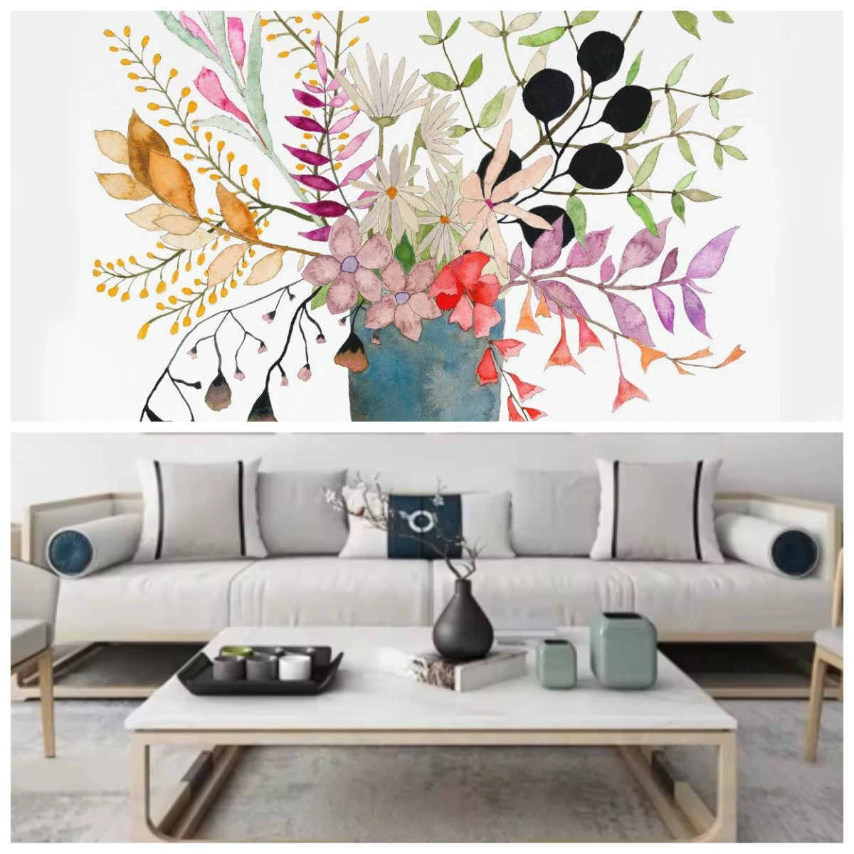 Cuadro de Lienzo sin Marco con Diseño Retro de Jarrón y Planta en Acuarela – Pintura al Óleo para Decoración de Pared de Sala