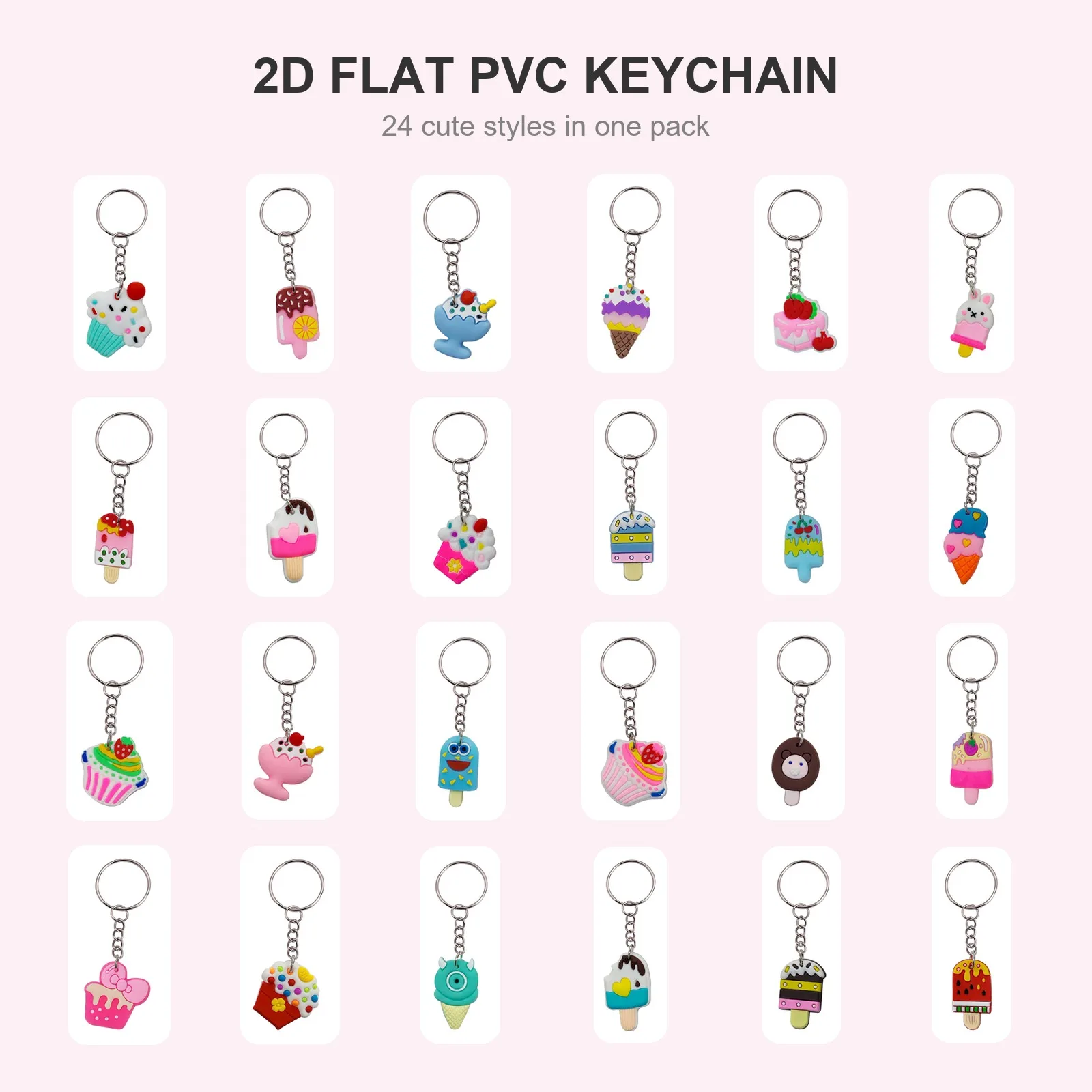 24 Pcs Ice Cream Keychain Set, 2D Flat Soft PVC Cute Dessert Charms, Party Favors for Kids and Students, All Styles Shown Are