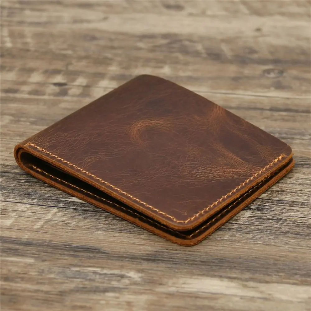 Vintage Bifold Design Men Genuine Leather Wallet Short Style Minimalist Handmade Wallet Retro Lightweight Card Bag Outdoor