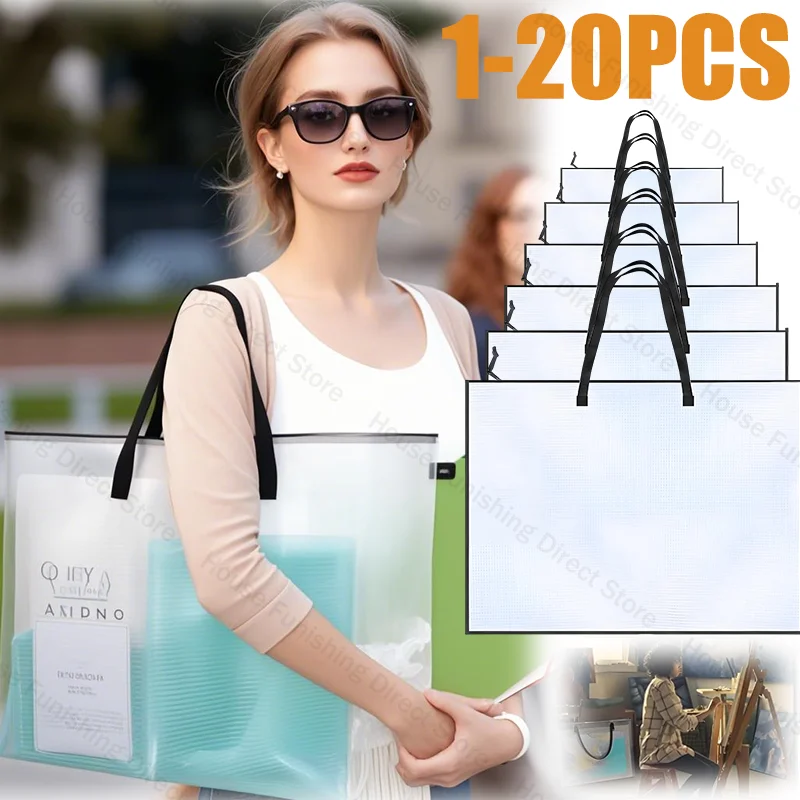 

1-20PC Transparent File Bags Drawing Board Bags Portfolios Large Capacity Visual Storage Tote Bags Mesh Poster Folder Organizers