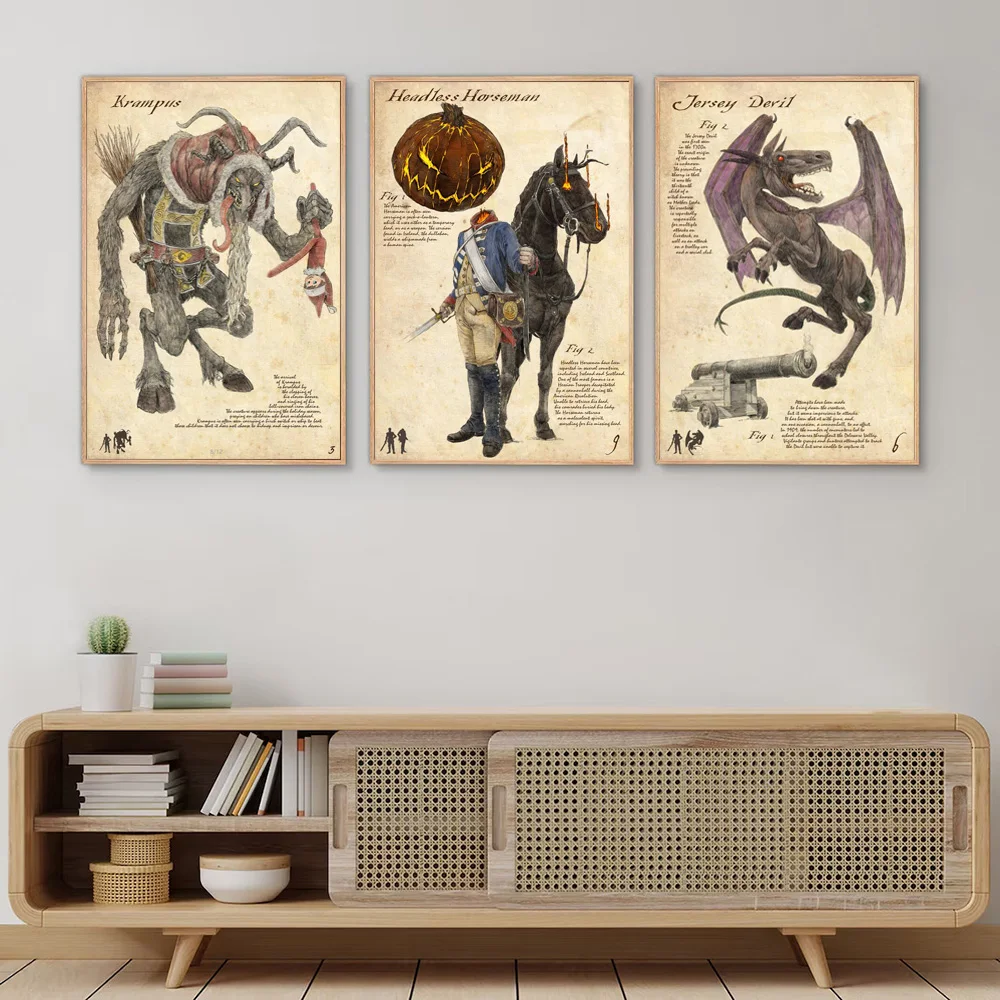 Strange Cryptids Monster Rougarou Canvas Prints Vintage Decor Poster And Prints Folklore Headless Horseman Krampus Wall Painting