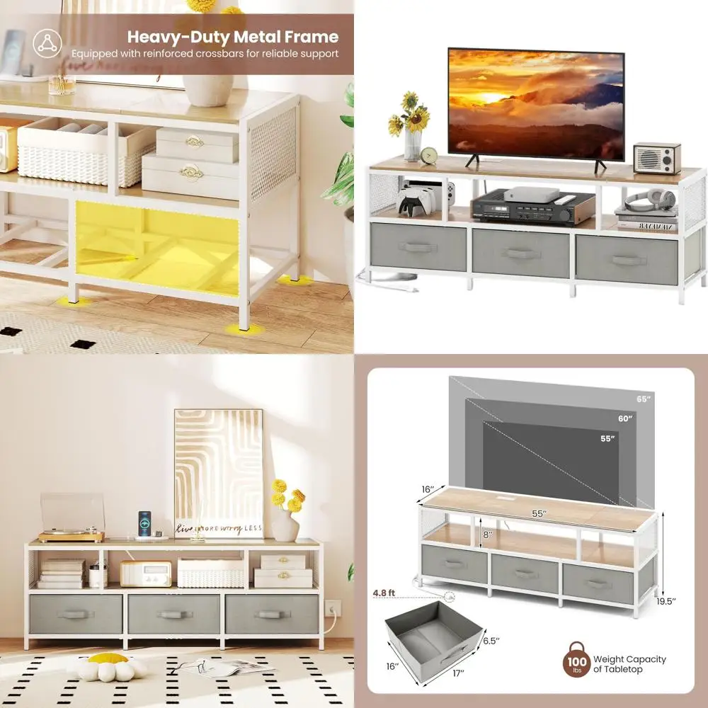 

65 TV Farmhouse Style Stand, 3-Tier Entertainment Center with Outlets & USB Ports, Storage Drawers Media Console for Living Room