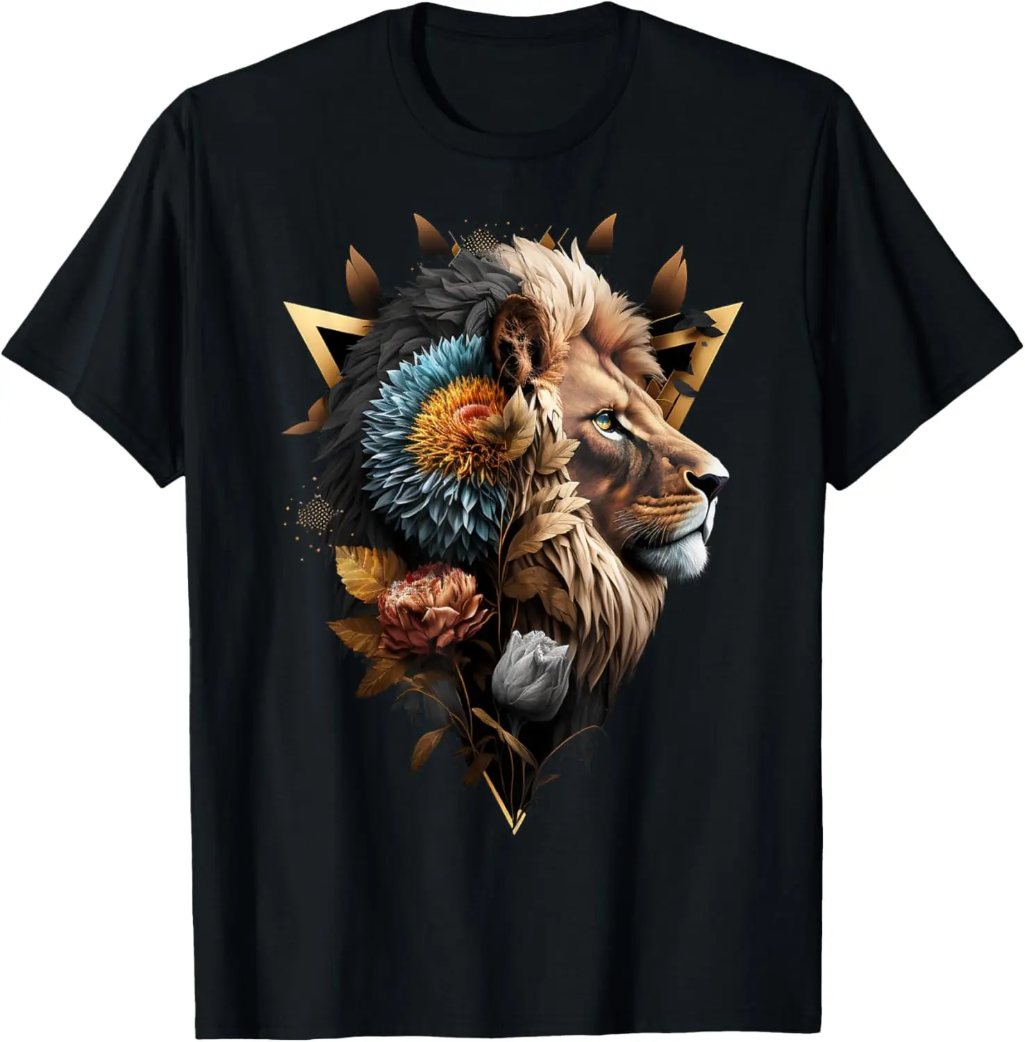 

Lion Flowers Artwork Animal Print Art Lion Motif T-Shirt