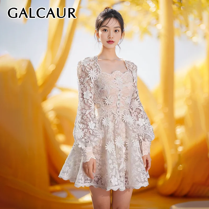 

GALCAUR Hollow Out Mini Dresses For Women Square Collar Long Sleeve High Waist Spliced Lace Embroidery Temperament Dress Female