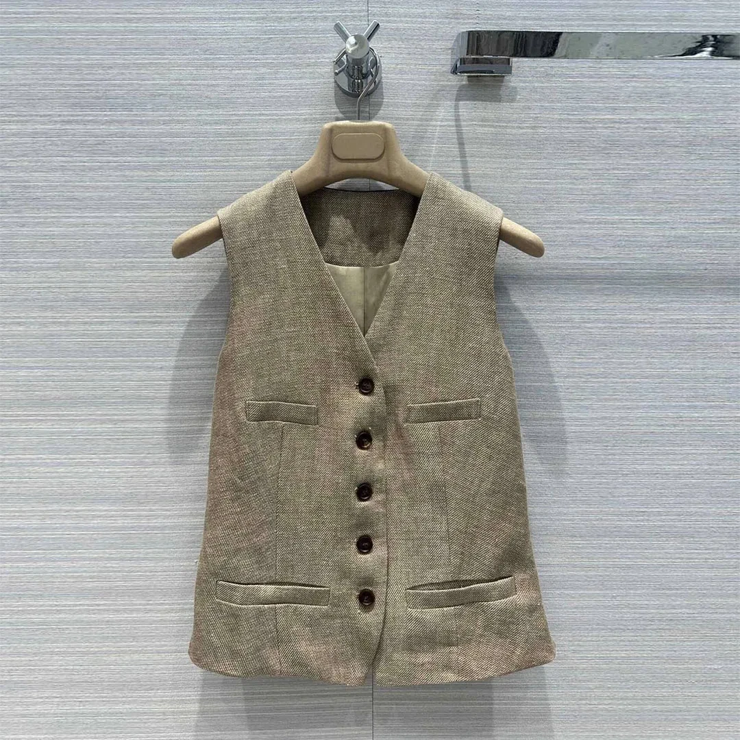 Top Quality 95% Linen Vest Blazer Women V-neck Sleeveless Single Breasted Slim Fit Elegant Lady Tank Jacket Brand Suit