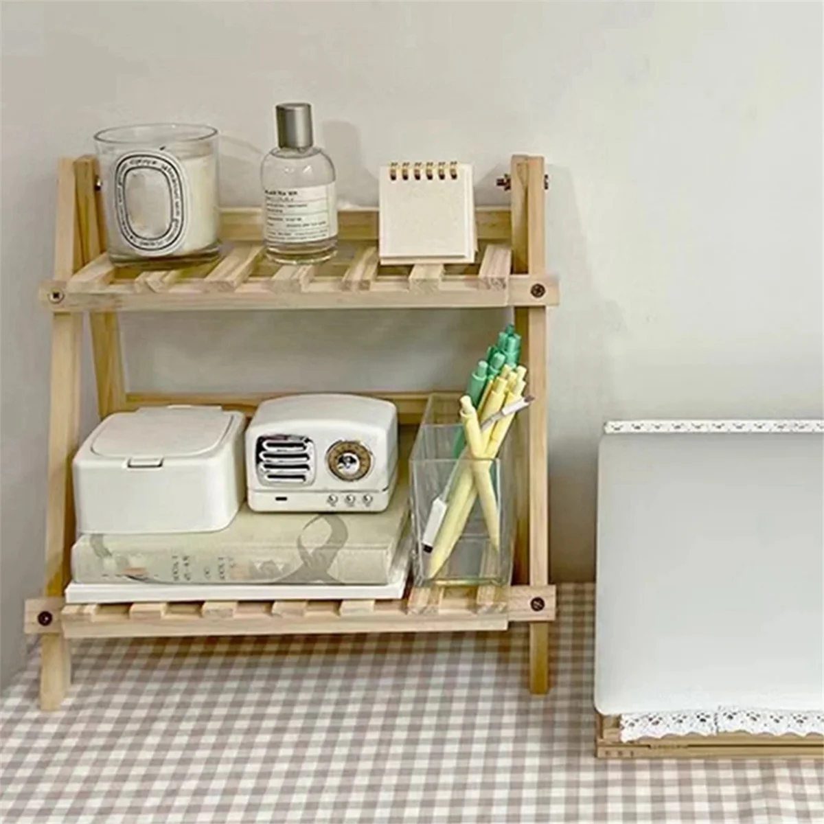 

Wooden Desktop Storage Rack Double Log Desk Storage Rack Office Ins Simple Storage Rack